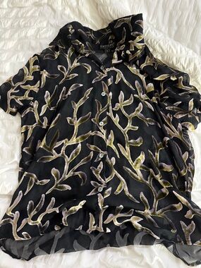 Karen Kane Black Sheer Blouse with Olive Green & Lilac Velvet Leaf Detail